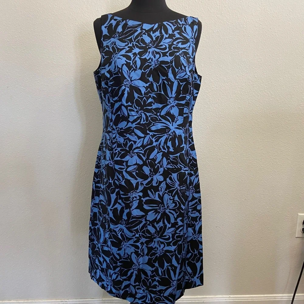 Ann Taylor Womens Silk Floral Print Sleeveless Sheath Dress Career Party Blue 10